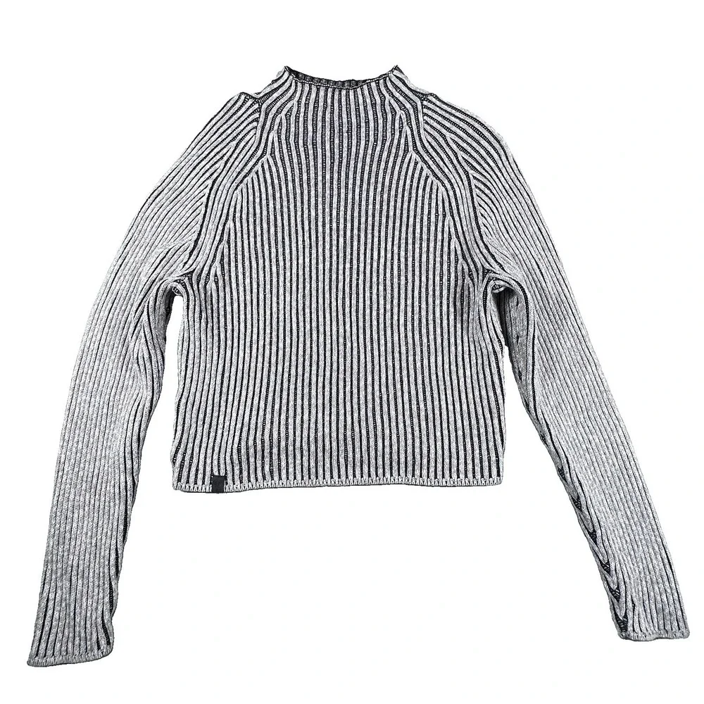 Lululemon 8 Gray Black Ribbed Cashmere Blend Knit Mock Pullover Chic Sweater